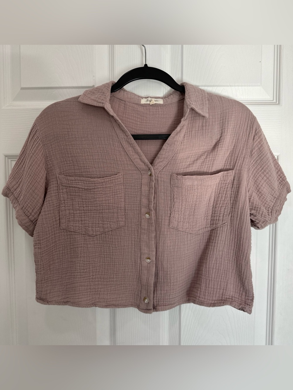 LOVE NOTES Button Up Cropped Shirt Womens Pink Purple Waffle Gauze Size S